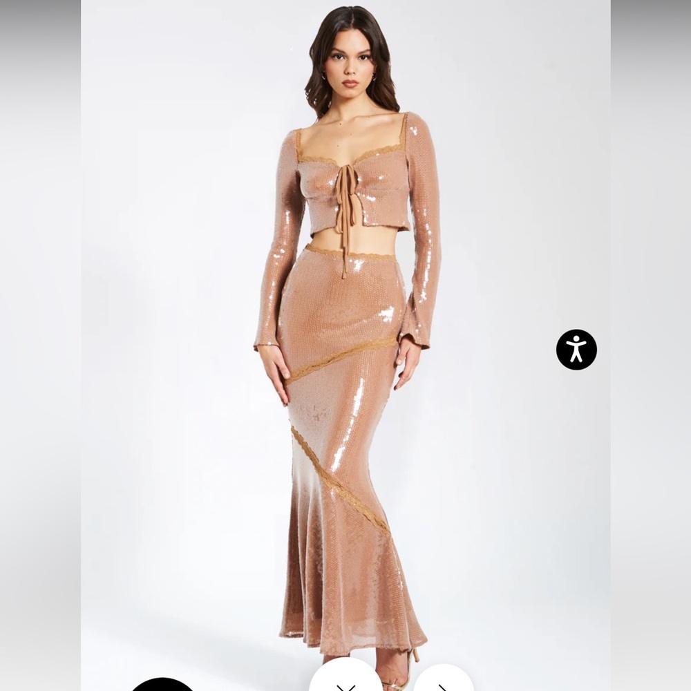 SET NWT Odalis Nude Sequin Maxi Skirt With Lace Trim